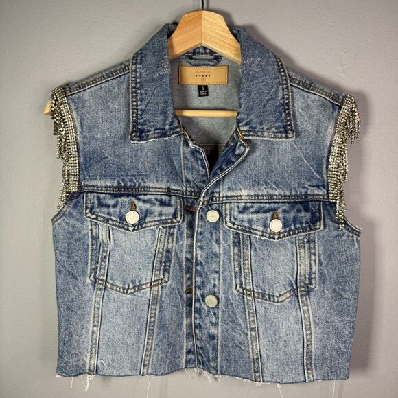 BLANKNYC Jackets & Blazers - BLANKNYC Crystal Rhinestone Fringe Cropped Denim Vest Light Wash Size Small